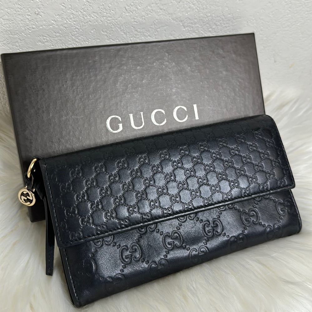 Gucci Black Embossed Leather Continental Wallet with Gold Hardware